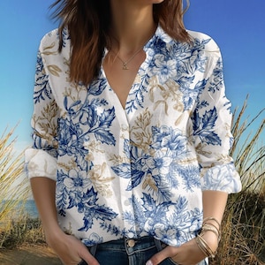 Blue Botanical Blouse Shirt, Women’s Linen Look Button Down, Long Sleeve Casual Top, Vintage Floral Print Shirt