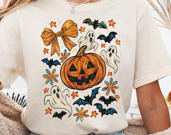 Camiseta de Halloween Coquette, Camiseta con lazo de calabaza y murciélago fantasma, Camiseta estampada floral de temporada espeluznante