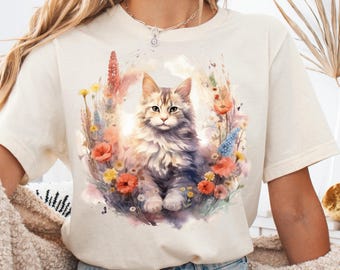 Camiseta de gato con flores, camiseta para amantes de los animales, camiseta divertida de gato
