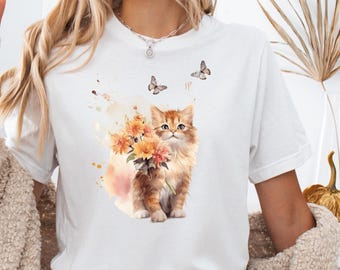 Floral Cat T-Shirt, Animal Lover Tee, Gift For Her