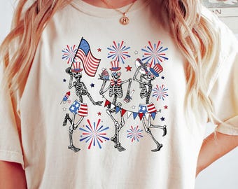 Dancing Skeletons 4th of July T-Shirt, Patriotic Fireworks Tee, American Flag Shirt