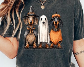 T-shirt met teckel voor Halloween, sweatshirt met spook, heks en pompoen, griezelig cadeau voor teckel.