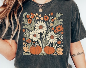Floral Pumpkin Fall Graphic Tee, Vintage Style, Botanical Sunflower Sweatshirt, Boho Pumpkin Shirt