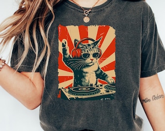 DJ Cat Retro Graphic Tee, Vintage Feline DJ Shirt, Music Lover Gift