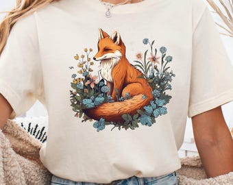 Floral Fox Shirt, Cute Fox T-Shirt, Wildflower Meadow Tee, Cottagecore Forestcore Nature Lover Gift