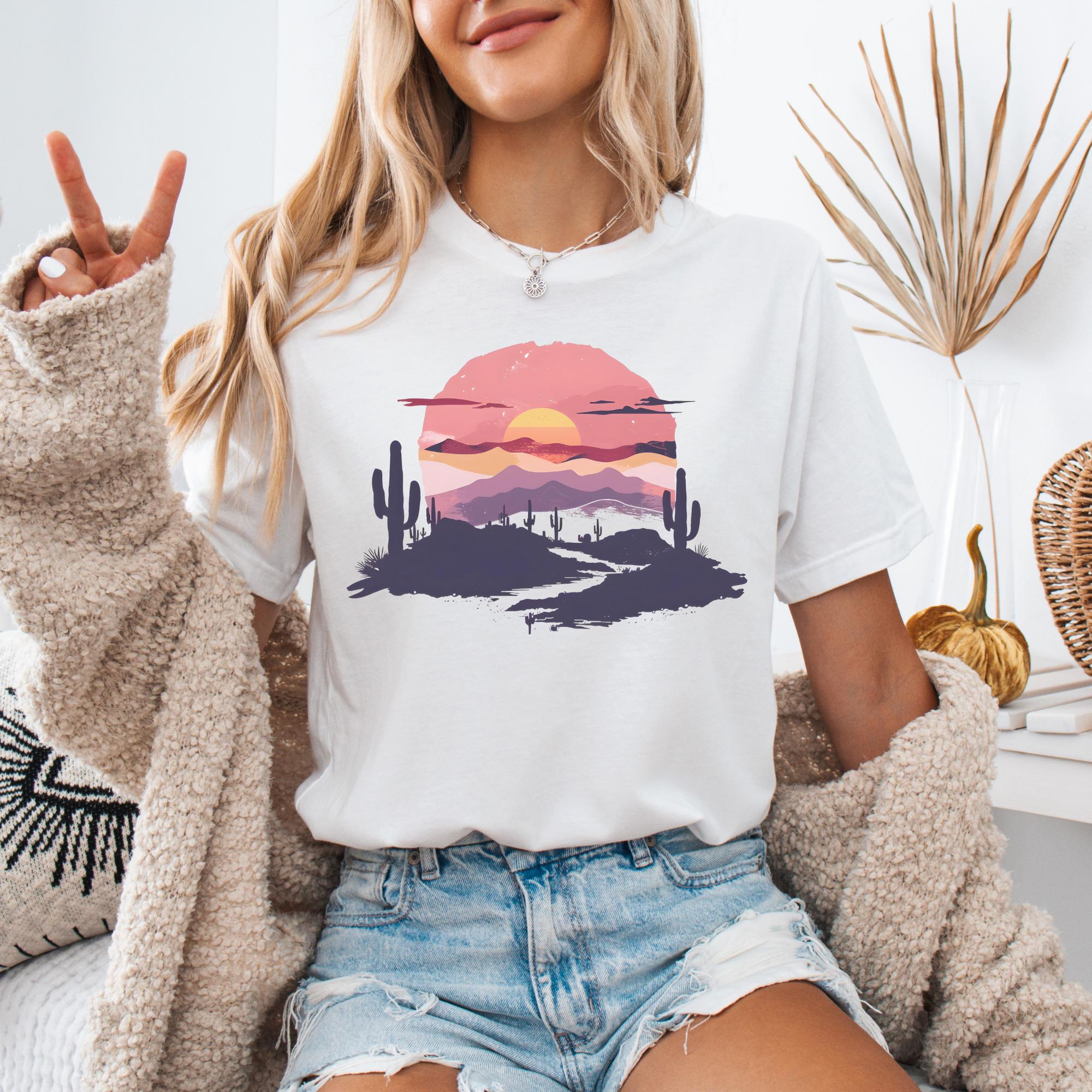 Desert Sunset Graphic T-Shirt: Cactus Scene Adventure Shirt