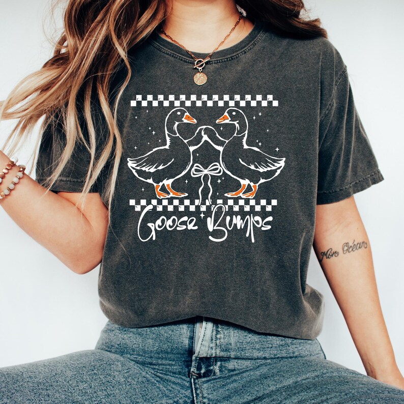 Puede incluir: Camiseta gris oscuro con un dise&ntilde;o caprichoso de dos gansos tomados de la mano, con el texto "Goose Bumps" en una fuente juguetona. Los gansos son blancos con patas y picos naranjas, sobre un patr&oacute;n de cuadros.