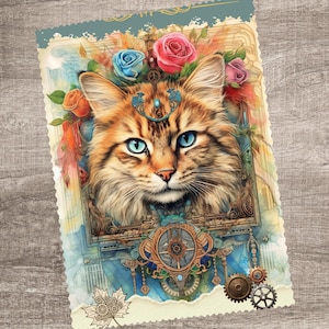Könnte beinhalten: Ein rechteckiger Druck mit einer braunen getigerten Katze mit leuchtend blauen Augen, umgeben von bunten Rosen in Rosa-, Blau- und Orangetönen. Das Kunstwerk enthält komplexe mechanische Zahnradmotive, verzierte Filigranmuster und einen blauen Edelstein.