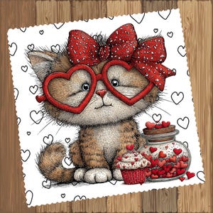 Könnte beinhalten: Eine skurrile Illustration einer Katze mit herzförmiger Brille und roter Schleife. Neben der Katze befinden sich ein Glas mit herzförmigen Süßigkeiten und ein Cupcake. Der Hintergrund ist weiß mit schwarzen Herzumrissen.