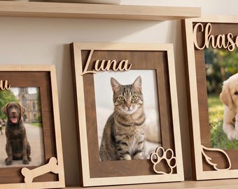 Marco de fotos de madera personalizado para amantes de los gatos, ideal como regalo para mamás de gatos. Incluye un retrato de gatito con nombre personalizado, un recuerdo perfecto para quienes disfrutan de los gatos y como regalo de Navidad o para inauguración de casa.