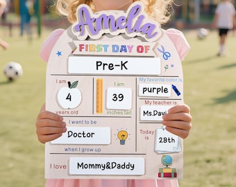 Personalized First Day of School Board, Custom Back to School Photo Prop, Kindergarten 1st Day of School Sign, Reusable Wooden School Board