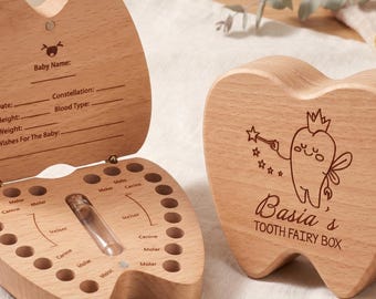 Baby Keepsake Tooth Box, Personalized Wooden Tooth Fairy Holder, Lost Teeth Storage Organizer, New Baby Easter Gift for Kids