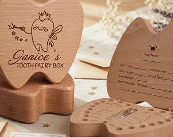 Baby Tooth Fairy Box for Kids, Personalized Wooden Teeth Keepsake Box, First Tooth Holder, Baby Shower Gift for Boys Girls