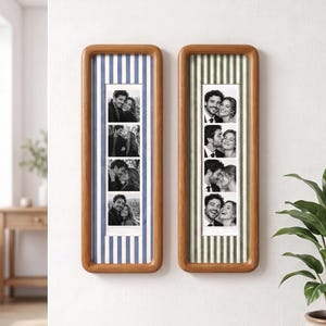 May include: Two vertical wooden frames with rounded corners, each containing a strip of four black and white photographs of a couple. The left frame features a blue and white striped mat, while the right frame features a green and white striped mat.