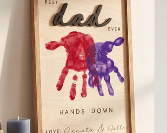 Letrero con la huella de la mano de papá, regalo para niños, placa de madera personalizada con dibujo infantil, recuerdo para el Día del Padre: El mejor papá del mundo.