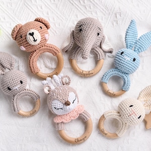 Personalized Baby Crochet Rattle, Custom Animal Rattle, Wooden Rattle Toy, Engraved Rattle Ring with Name,Newborn Baby Gift,Baby Shower Gift