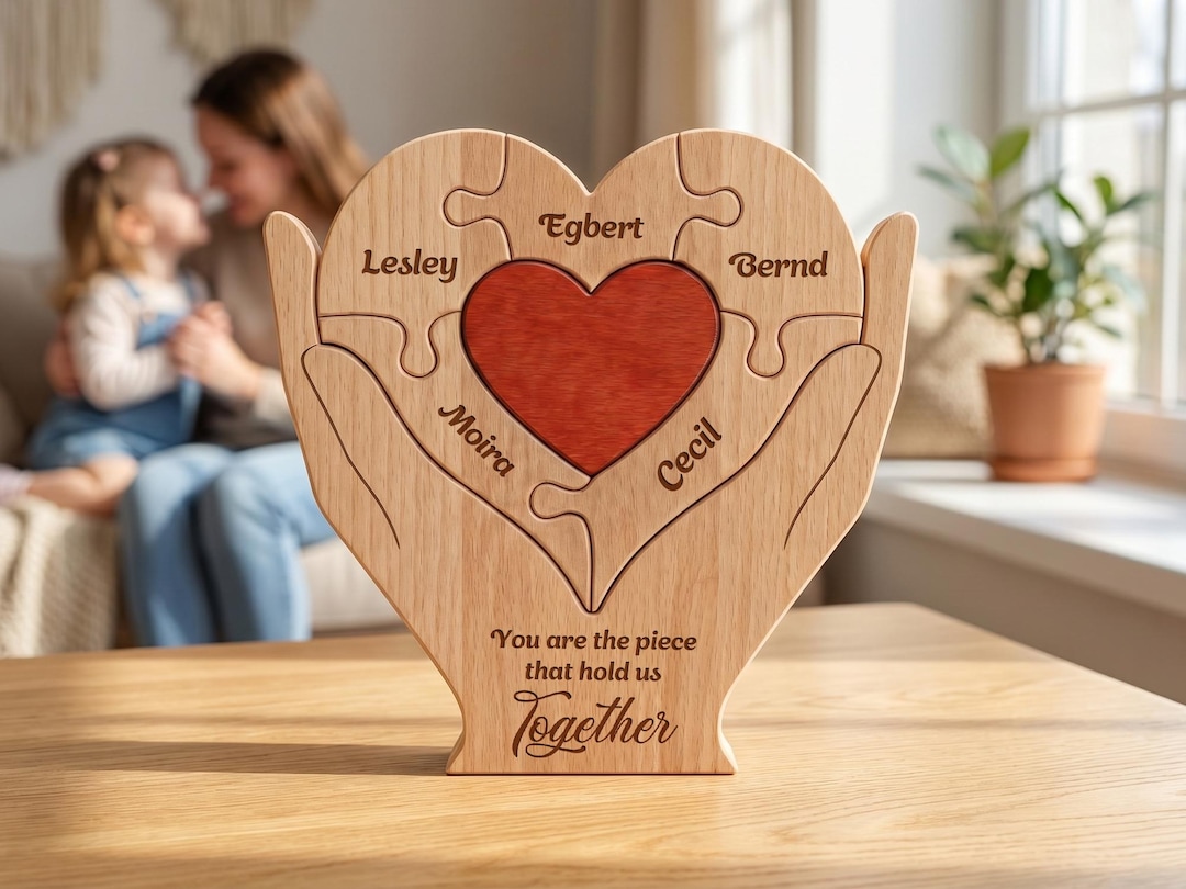 Personalized Mom Puzzle Sign, Wooden Heart Family Decor, Gift for