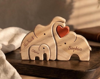 Puzzle en bois personnalisé famille éléphant, cadeau de famille personnalisé pour maman, souvenir fête des mères, décoration de bureau, cadeau pour elle