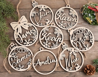 Personalized Christmas Ornaments with Name, Custom Wooden  Christmas Tree Decor, Laser Cut Name Ornament,Wood Xmas Decor, Christmas Gift Tag