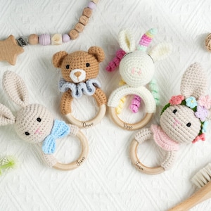 Personalized Baby Crochet Rattle, Custom Animal Rattle, Wooden Rattle Toy, Engraved Rattle Ring with Name,Newborn Baby Gift,Baby Shower Gift