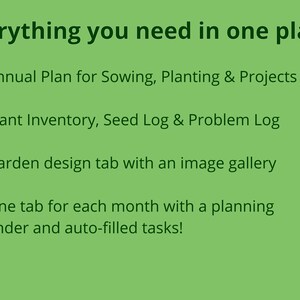May include: A green background with white text that reads "Everything you need in one place!" and a list of features for a gardening app. The features include: Annual Plan for Sowing, Planting & Projects, Plant Inventory, Seed Log & Problem Log, Garden design tab with an image gallery, and One tab for each month with a planning calender and auto-filled tasks!