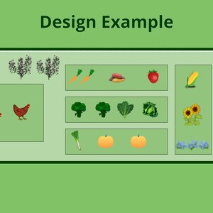 May include: A design example for a garden with three chickens, a row of carrots, a sweet potato, a strawberry, a corn cob, a sunflower, a pumpkin, a leek, a bunch of blue flowers, and a tree with red apples.