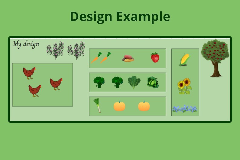 May include: A design example for a garden with three chickens, a row of carrots, a sweet potato, a strawberry, a corn cob, a sunflower, a pumpkin, a leek, a bunch of blue flowers, and a tree with red apples.