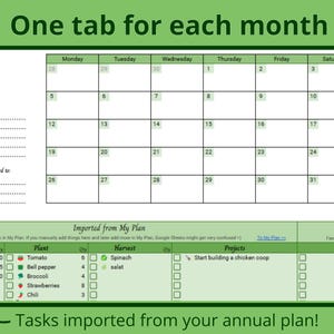 May include: A printable calendar for May with a green and white color scheme. The calendar includes sections for "My focus this month", "Things I'm looking forward to", "Sow", "Plant", "Harvest", "Projects", and "Other To-Dos". The calendar also includes a list of tasks imported from a plan, including "carrots", "peas", "kale", "tomato", "bell pepper", "broccoli", "strawberries", "chili", "spinach", and "salad".