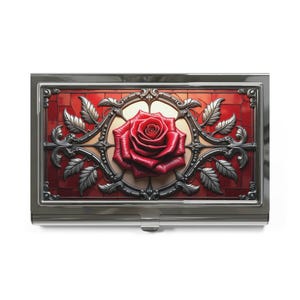 Tarjetero con temática de rosas, elegante tarjetero de metal, regalo profesional, tarjetero floral, accesorio de escritorio único, perfecto para