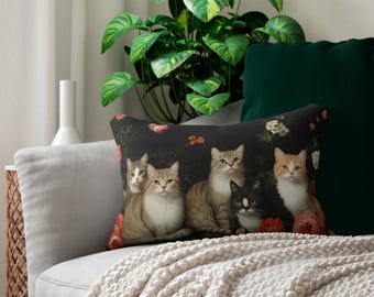 Vintage Cat Floral Lumbar Pillow | Cozy Cat Lover Decor, Home Accent, Gift for Cat Owners, Pet Lover Gift, Cat-Themed Decor