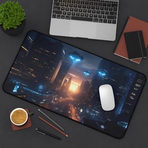 Futuristic Cityscape Desk Mat - Gaming, Office, Home Decor, Unique Gift, Ergonomic Desk Accessories