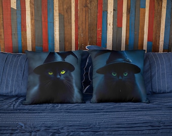 Cuscino mistico a forma di gatto nero, decorazione di Halloween, accogliente decorazione per la casa, regalo per gli amanti dei gatti, cuscino dall'atmosfera spettrale, design con cappello da strega