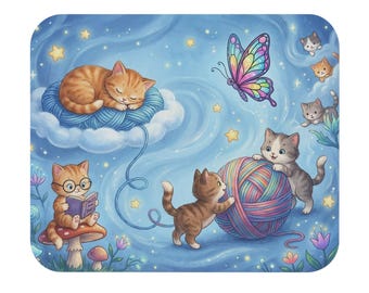 Dreamy Kittens Playing Yarn Mouse Pad | Cute Cat Desk Mat, Starry Night