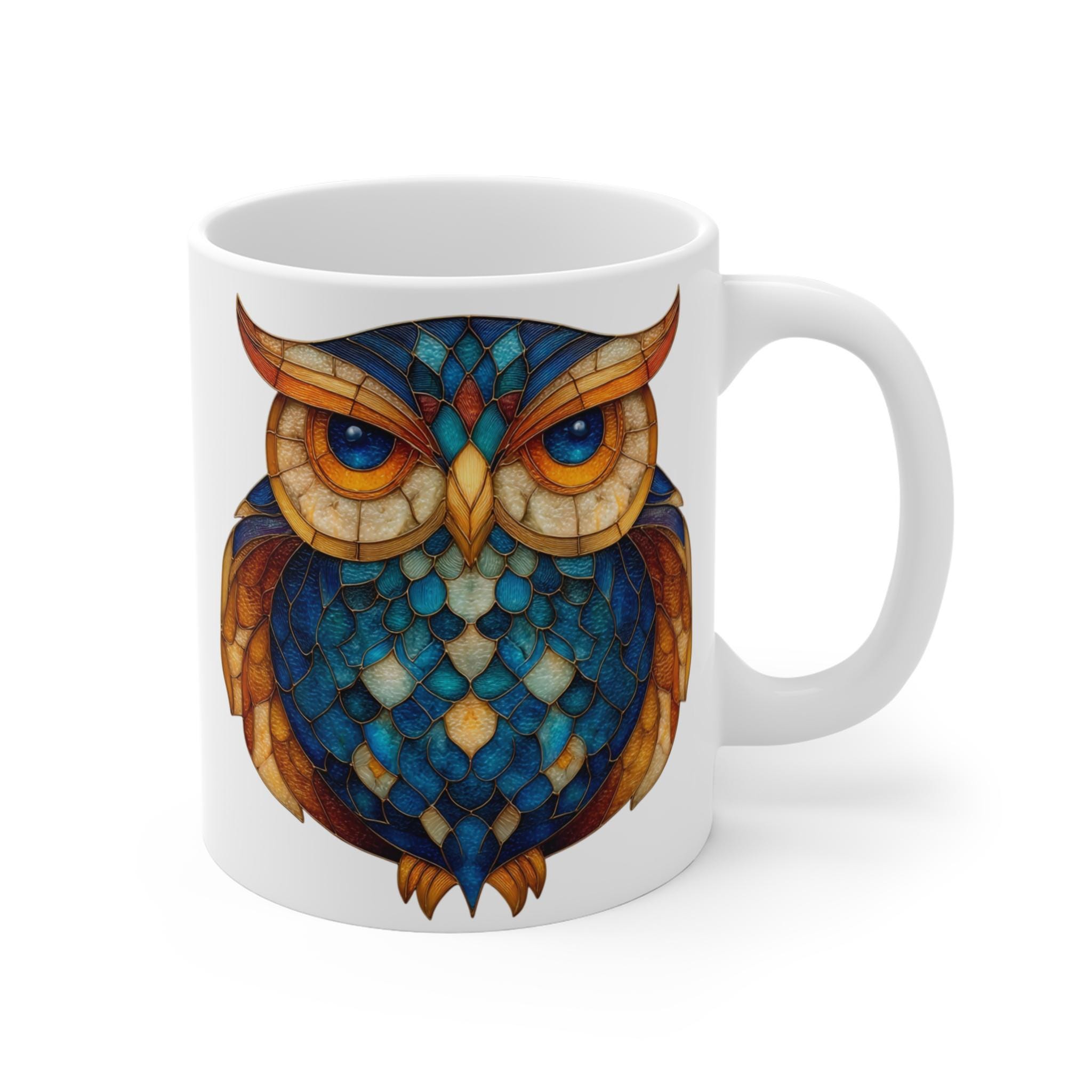 Blue Mosaic Owl Mug | Ceramic Coffee Cup, Whimsical Animal Art