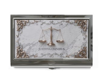Tarjetero de presentación con diseño de balanza de la justicia en mármol