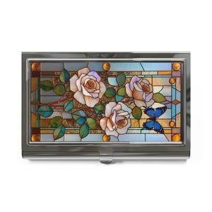 Elegante tarjetero de vitral con rosas, estuche floral para tarjetas de presentación, regalo profesional, decoración vintage para oficina, presentación única.
