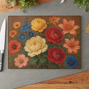 Floral Glass Cutting Board, Kitchen Decor with Colorful Flower Print, Wedding Gift, Housewarming Present, Cooking Essentials