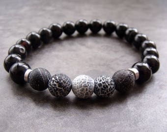 Black Banded Agate with Antique Crackled Black Agate Stretch Stacking Yoga Silver Unisex Bracelet