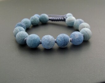 Blue Frosted Crackled Agate Macrame Cord Bracelet - Yoga Stacking Bracelet