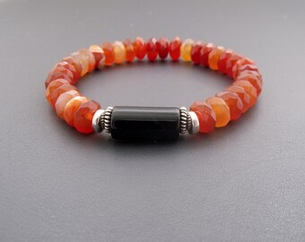 Black and Orange Agate Hill Tribe Silver Gemstone Bracelet  Stretch Gemstone Stacking Bracelet