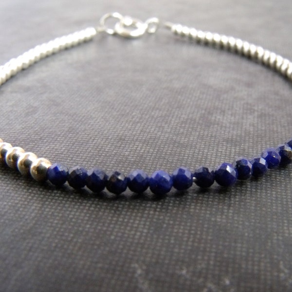 Lapis Lazuli Gemstone Dainty Sterling Silver Bead Bracelet Stacking Friendship Bracelet Gift for Her