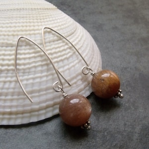 Sunstone Grade A Round Bead Gemstone Sterling Silver Drop Earrings