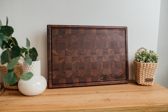 Personalized Double-Sided Walnut Butcher Block, Custom Engraving, End Grain Chopping Board