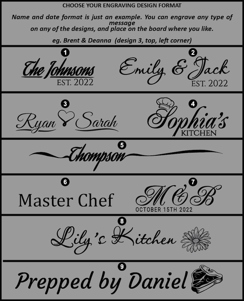 May include: A gray graphic with nine design options for engraved messages. The designs include names, dates, and phrases like "Sophia's Kitchen" and "Prepped by Daniel." The text "Choose Your Engraving Design Format" is at the top.