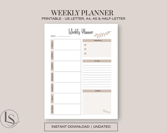 Minimalist Weekly Planner | Undated Schedule, To-Do List (Digital PDF)