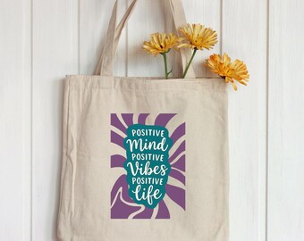 Positive Mind Vibes Life Tote Bag, Retro Motivational Canvas Shopping Bag