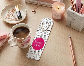 Too Glam to Give Up Metal Bookmark | Makeup Doodle Pattern, Lightweight Aluminum Reader Accessory