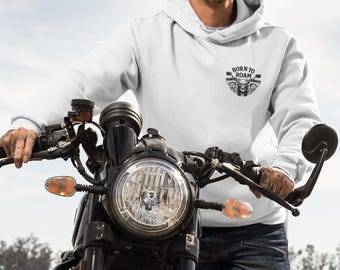 Motorcycle Hoodie – “Born to Roam” Front + “Wild As Hell” Back | Skull Biker Pullover