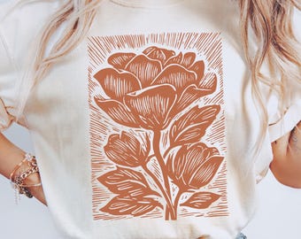 Vintage Linocut Flower Shirt: Comfort Colors® Boho Matisse flower tee