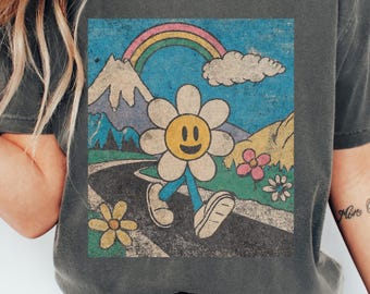 Comfort Colors® retro smiley flower shirt, Groovy vibe tshirt, Trippy rainbow T-shirt